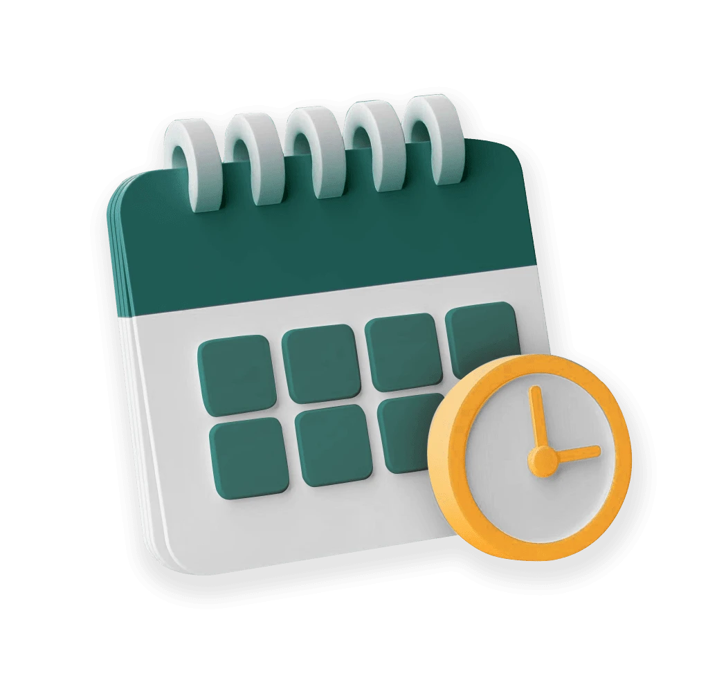 Three-dimensional illustration of a calendar with a teal top and white body, featuring several date boxes. A yellow clock icon is positioned beside the calendar.
